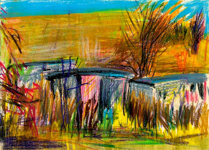 Leitfie Road Camp, 2, crayon drawing by John Boyle