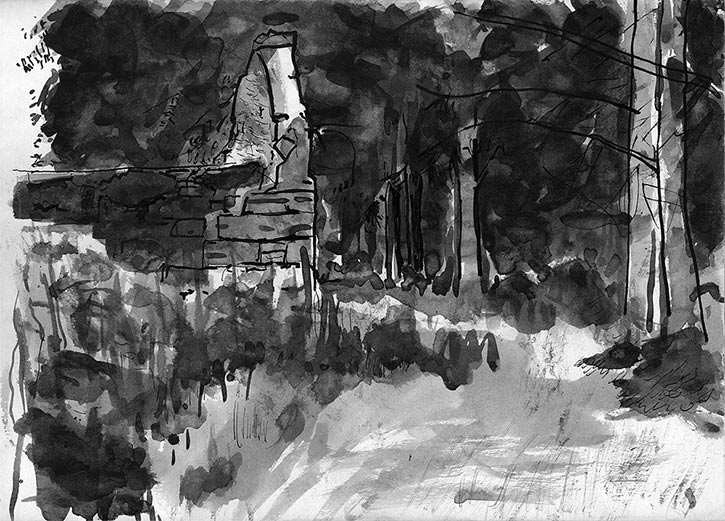 Ruin, Trees, ink drawing by John Boyle